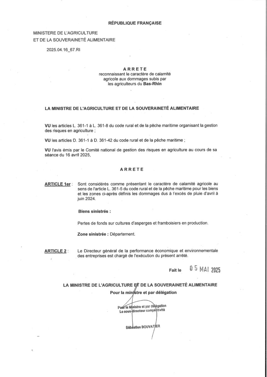 arrêté calamité agricole
