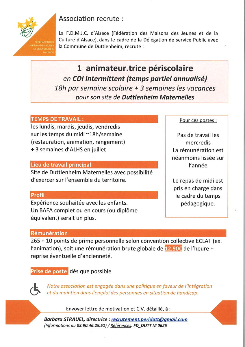 FDMJC recrute animateur/trice CDI
